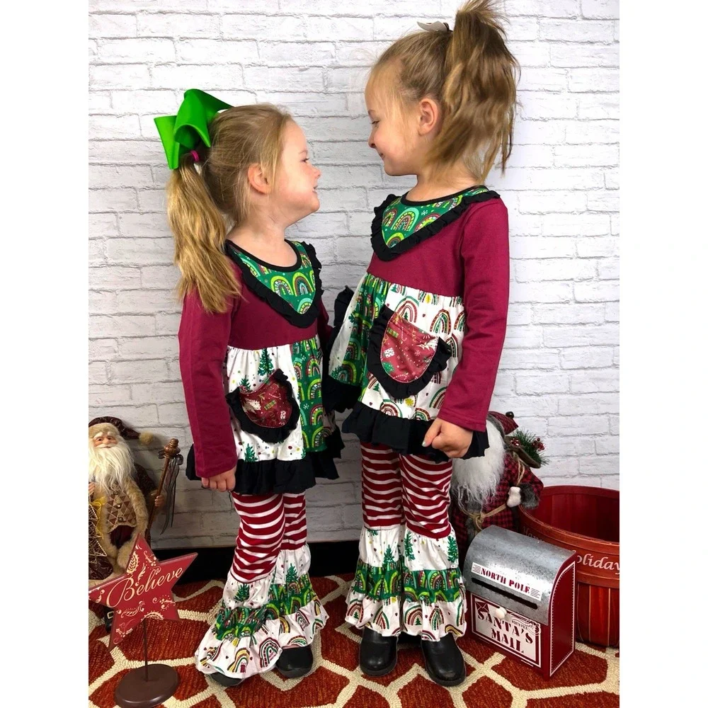 Boutique Girls Holiday Rainbow Ruffles 2pc‎ Outfit 2T NEW